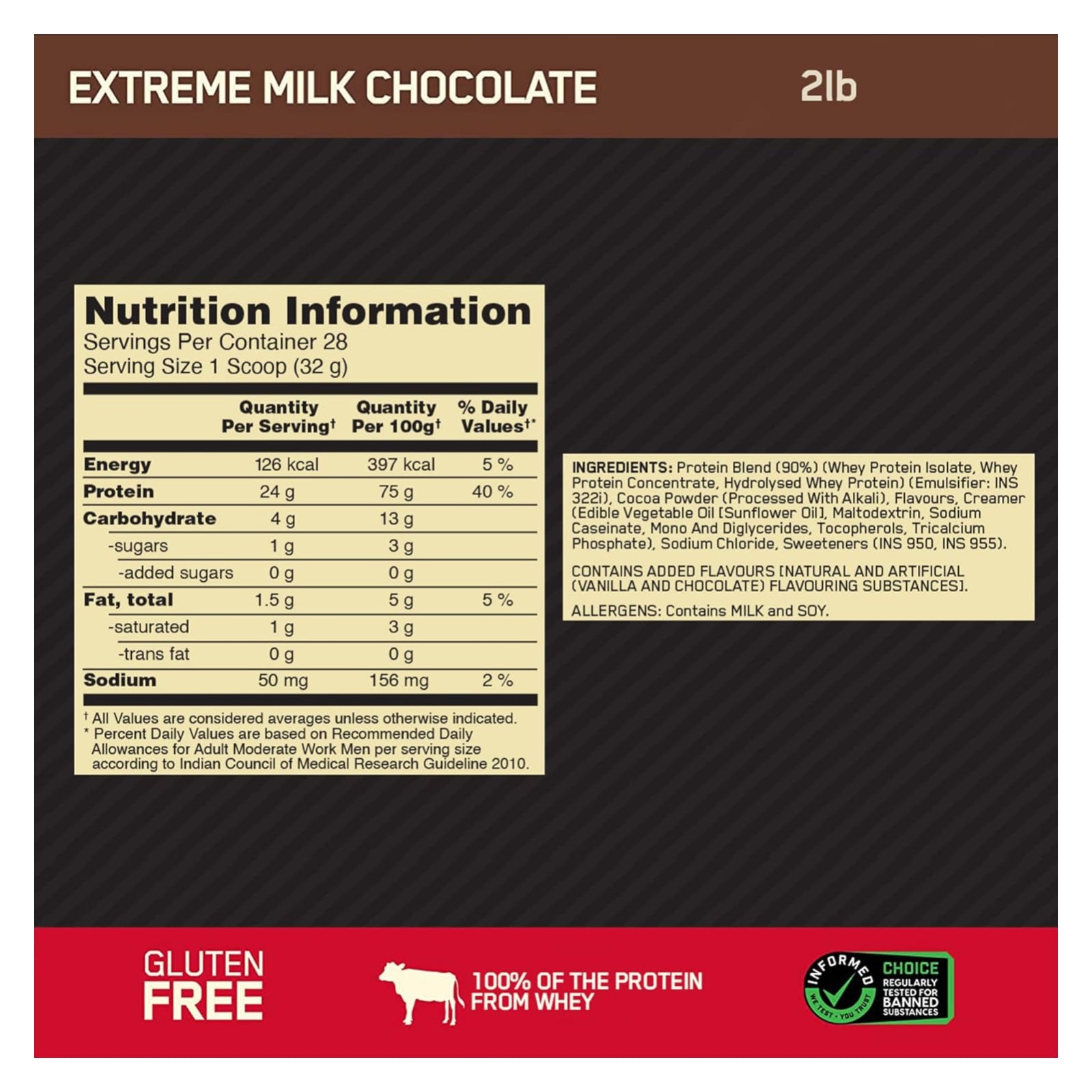 Optimum Nutrition Gold Standard 100% Whey Protein Extreme Milk Chocolate / 2lbs