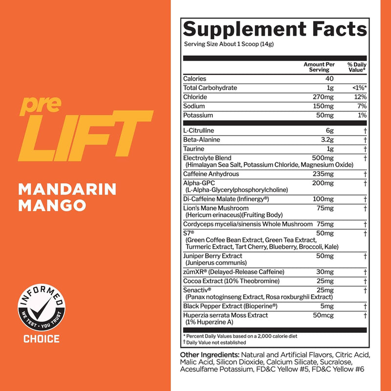 Rule 1 PreLift - Mandarin Mango 30 servings - Pre-Workout