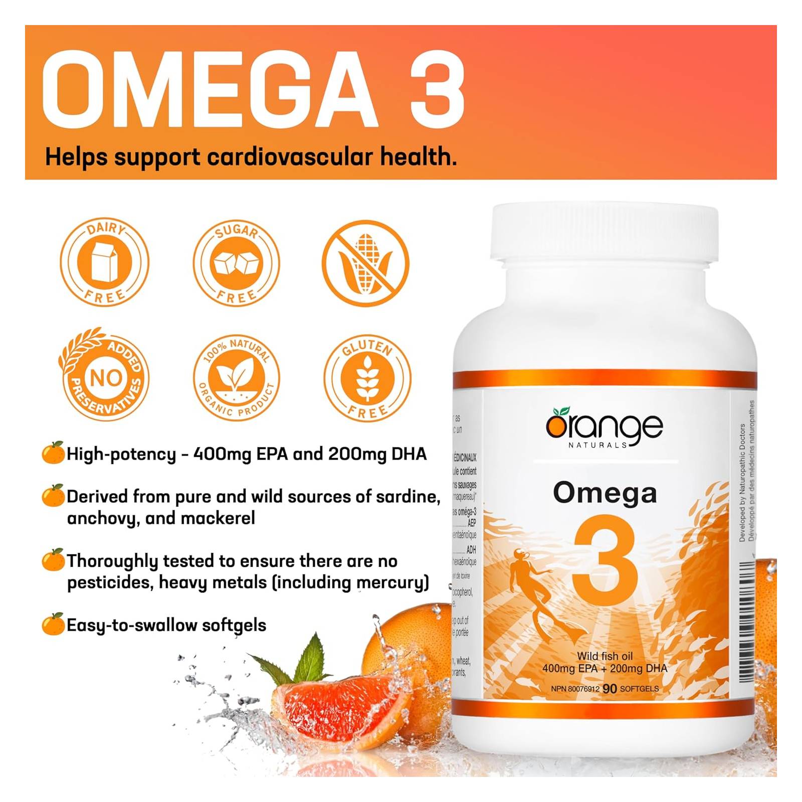 Orange Naturals Omega-3 Fish Oil 400/200mg - 90 Softgels - Omega 3