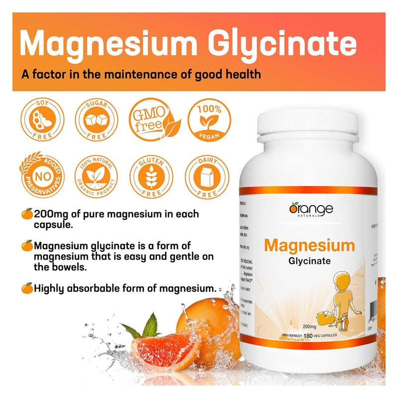 Orange Naturals Magnesium Glycinate 200mg - 180 Vegetarian Capsules - Magnesium