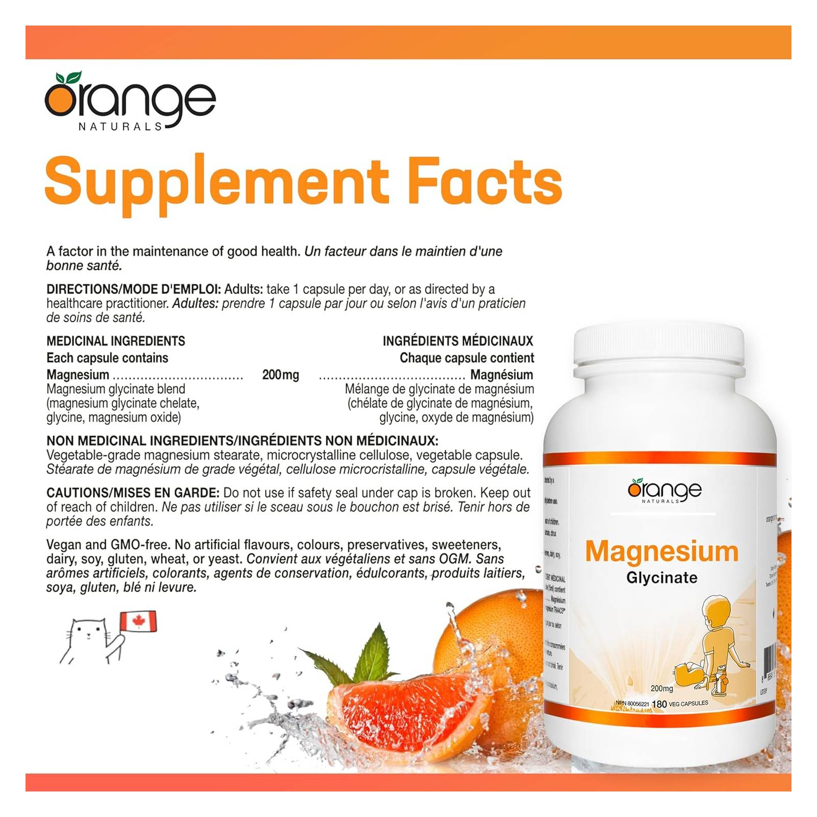 Orange Naturals Magnesium Glycinate 200mg - 180 Vegetarian Capsules - Magnesium