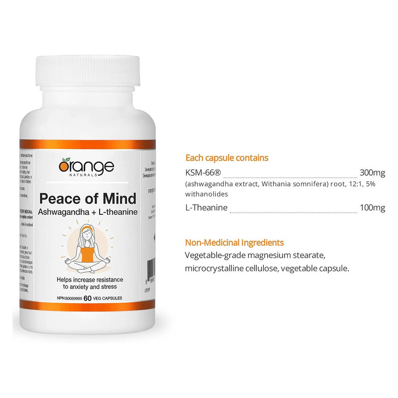 Orange Naturals Peace of Mind Ashwagandha + L-Theanine - 60 Vegetarian Capsules - Herbals