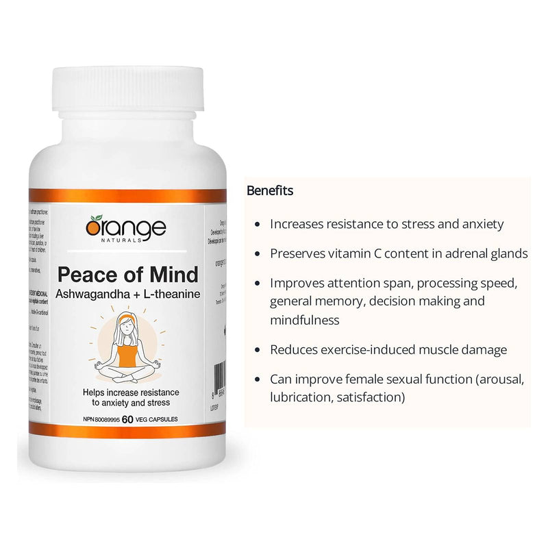 Orange Naturals Peace of Mind Ashwagandha + L-Theanine - 60 Vegetarian Capsules - Herbals