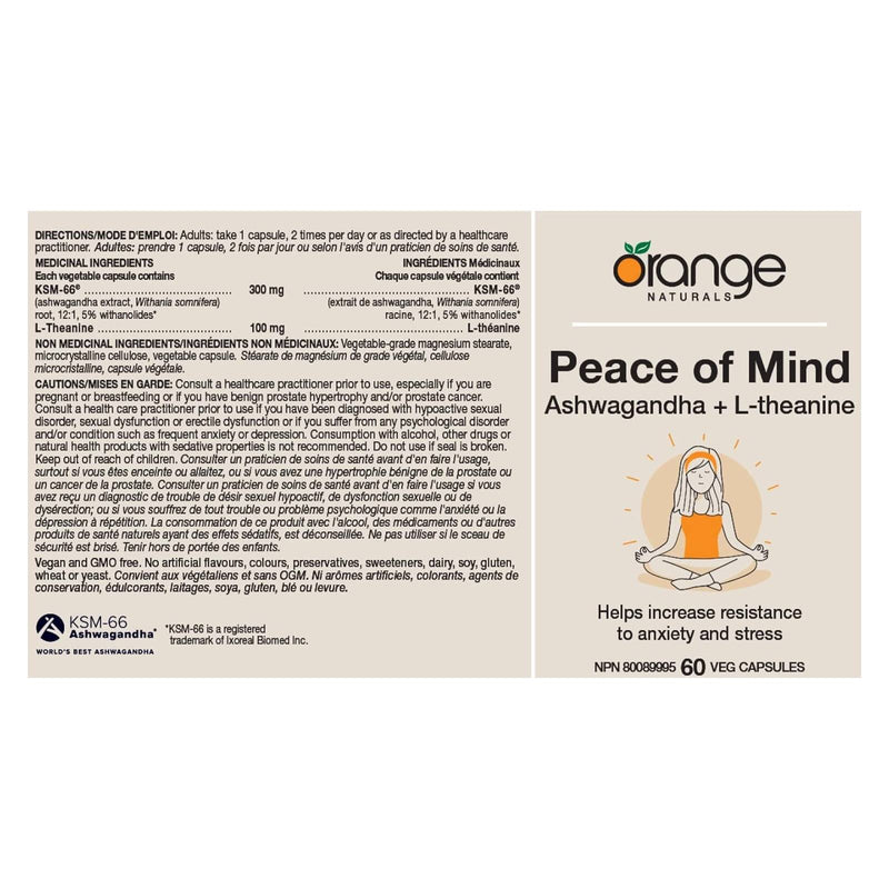 Orange Naturals Peace of Mind Ashwagandha + L-Theanine - 60 Vegetarian Capsules - Herbals