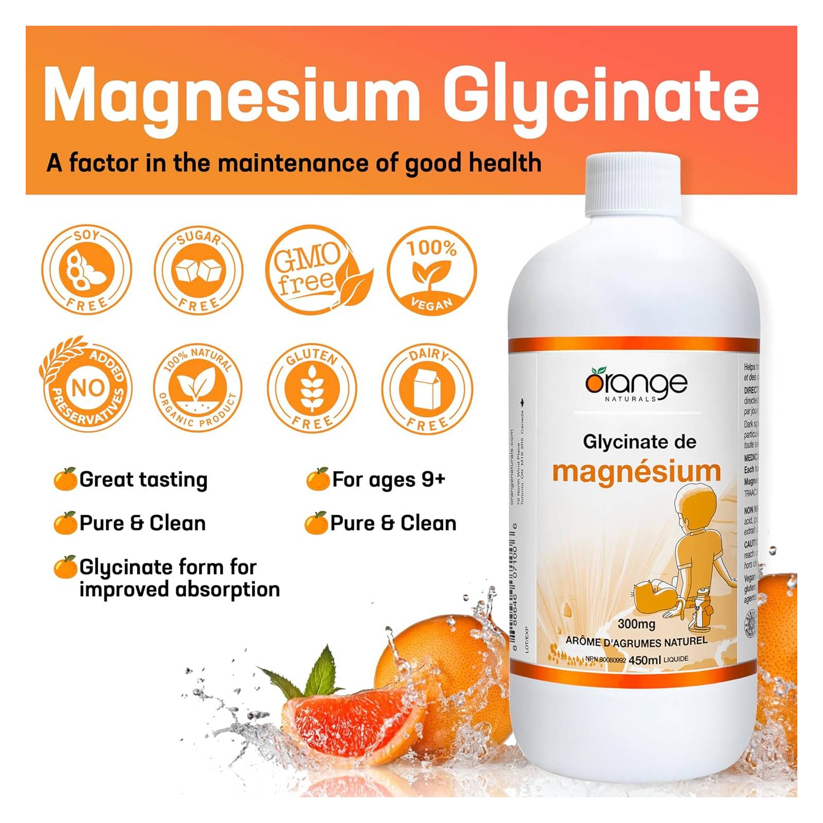 Orange Naturals Magnesium Glycinate 300mg - Citrus 450 ml - Magnesium