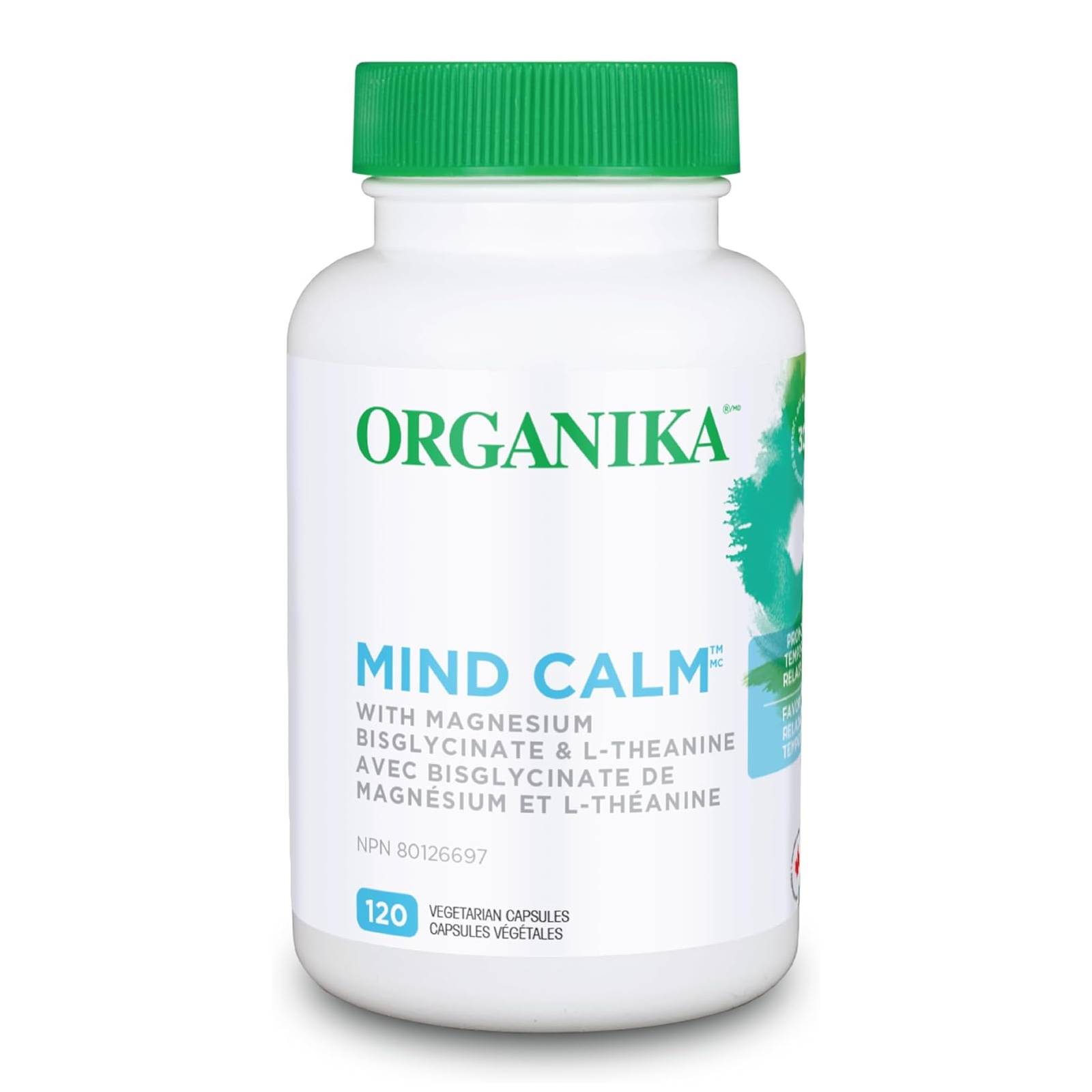Organika Mind Calm with Magnesium Bisglycinate & L-Theanine - 120 Vegetarian Capsules - Magnesium
