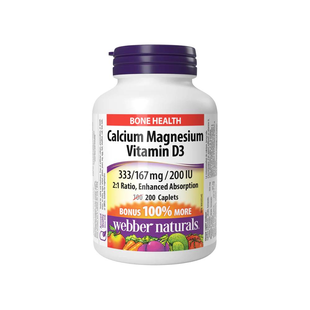 Webber Naturals Calcium Magnesium Vitamin D3 2:1 Ratio, Enhanced Absorption 333/167 mg/200 IU 200 Caplets