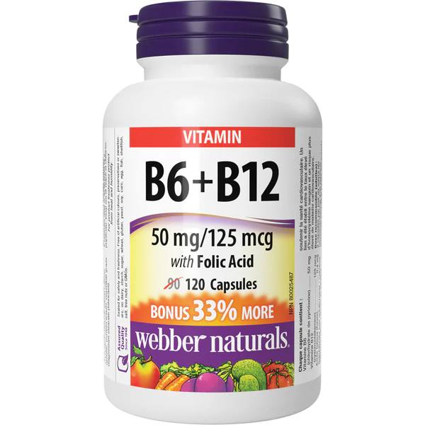 Webber Naturals Vitamin B6+B12 with Folic Acid 50 mg/125 mcg 120 Capsules