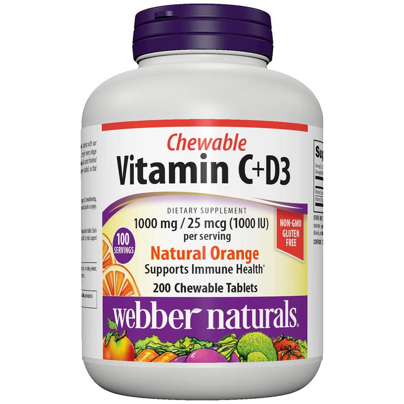 Webber Naturals Vitamin C+D3 500 mg / 500 IU - 200 Chewable Tablets Natural Orange - Vitamin C