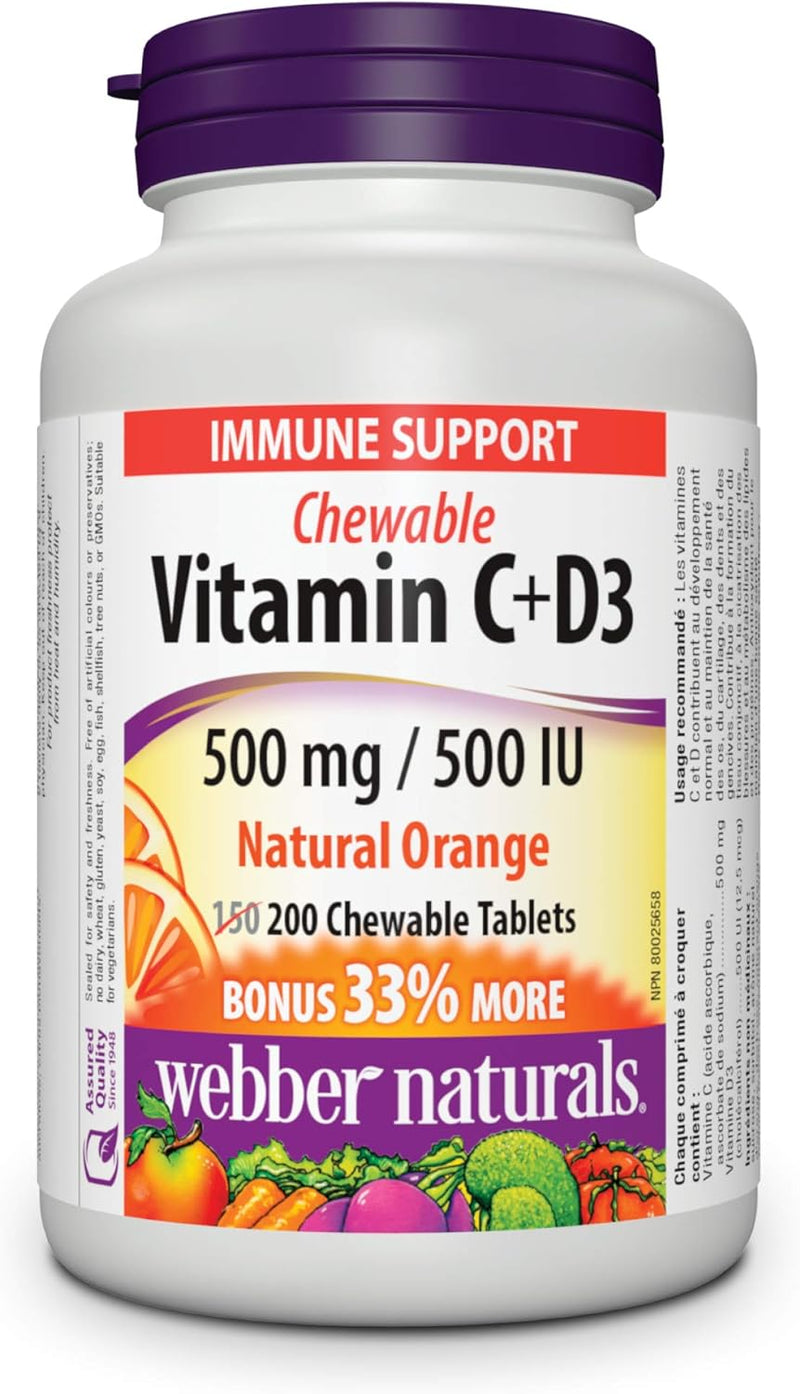 Webber Naturals Vitamin C+D3 500 mg / 500 IU - 200 Chewable Tablets Natural Orange - Vitamin C
