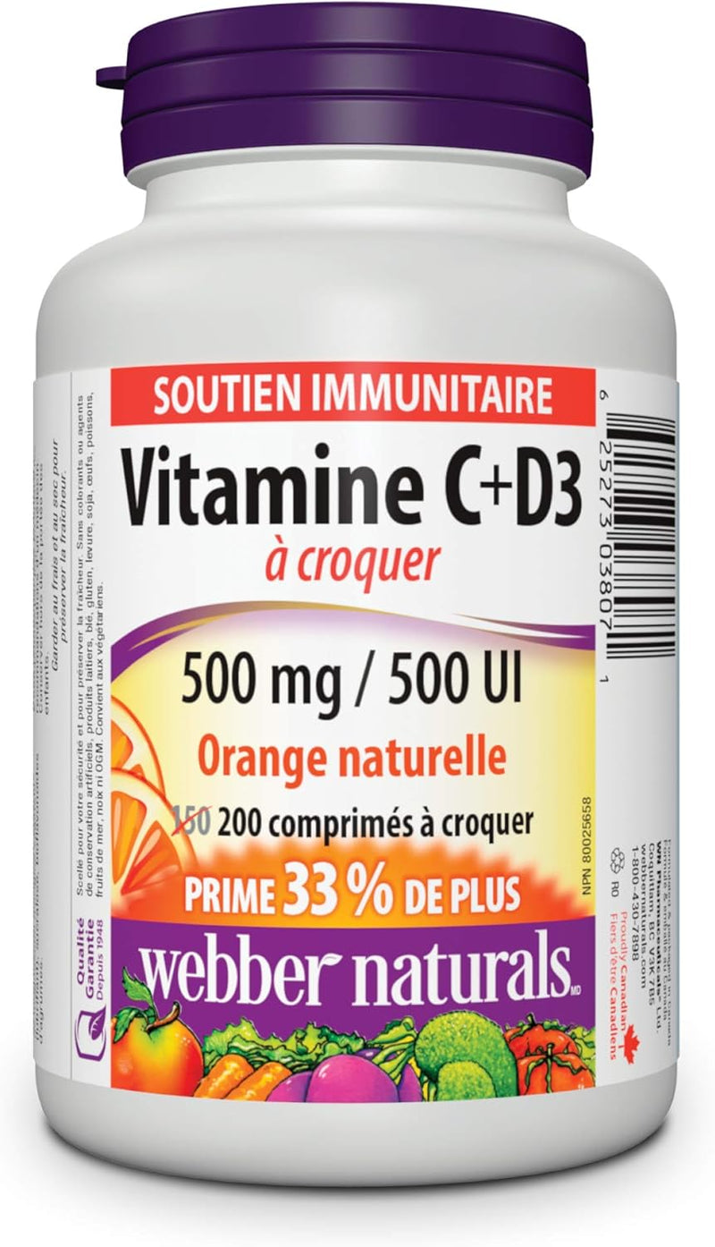 Webber Naturals Vitamin C+D3 500 mg / 500 IU - 200 Chewable Tablets Natural Orange - Vitamin C