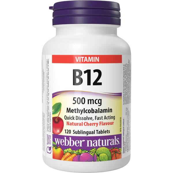 Webber Naturals Vitamin B12 500 mcg 120 Sublingual Tablets / Natural Cherry Flavour