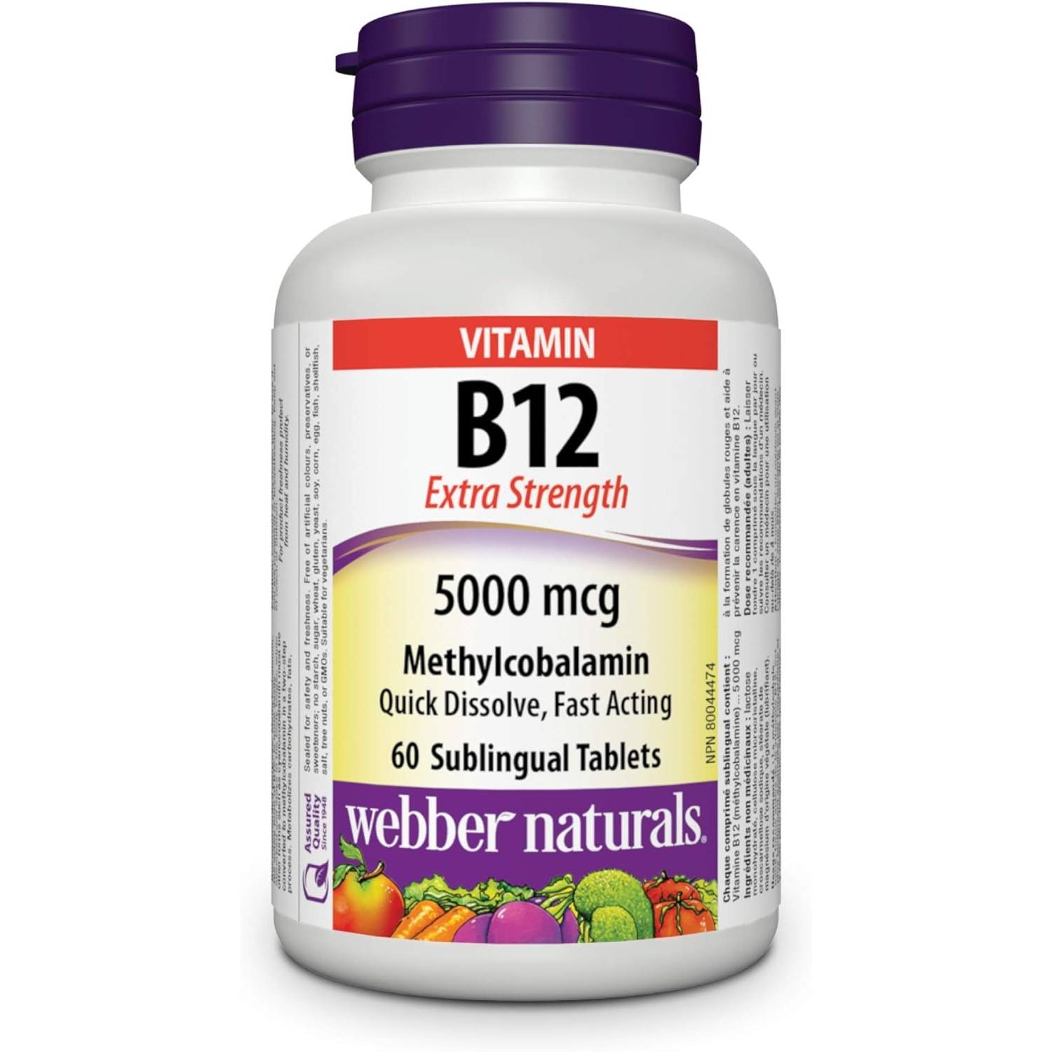 Webber Naturals Vitamin B12 Extra Strength 5000 mcg 60 Sublingual Tablets