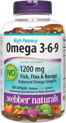 Webber Naturals Omega 3-6-9 High Potency Fish, Flax & Borage 1200 mg - 180 Softgels - Omega 3