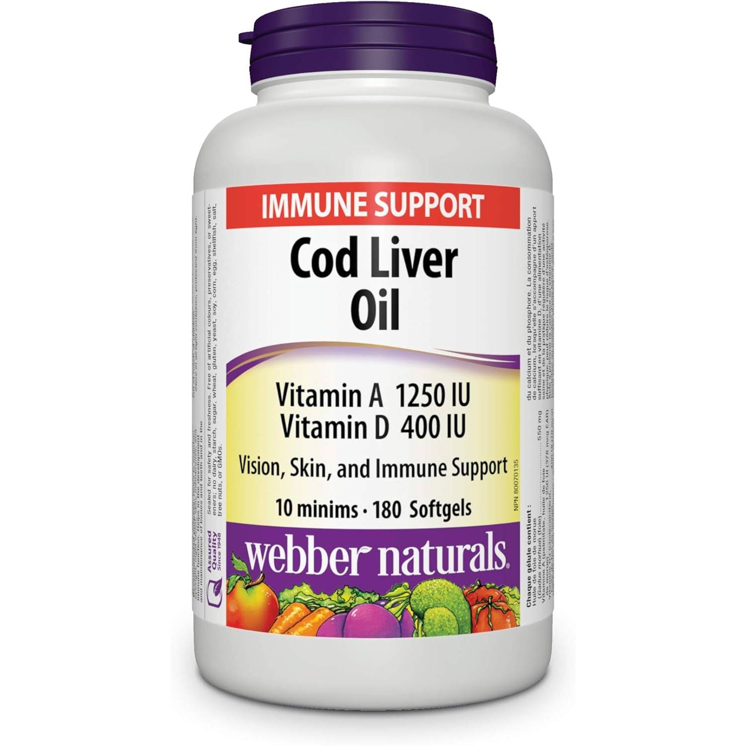Webber Naturals Cod Liver Oil Vitamin A Vitamin D 1250 IU/400 IU 180 Softgels