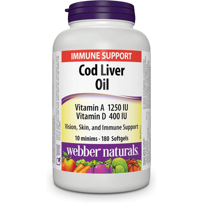 Webber Naturals Cod Liver Oil Vitamin A Vitamin D 1250 IU/400 IU 180 Softgels