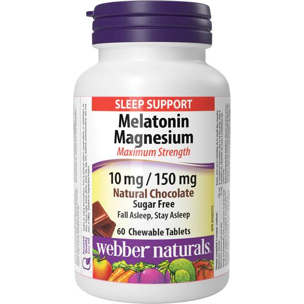Webber Naturals Melatonin Magnesium Maximum Strength 10 mg/150 mg 60 Chewable  tablets / Natural Chocolate