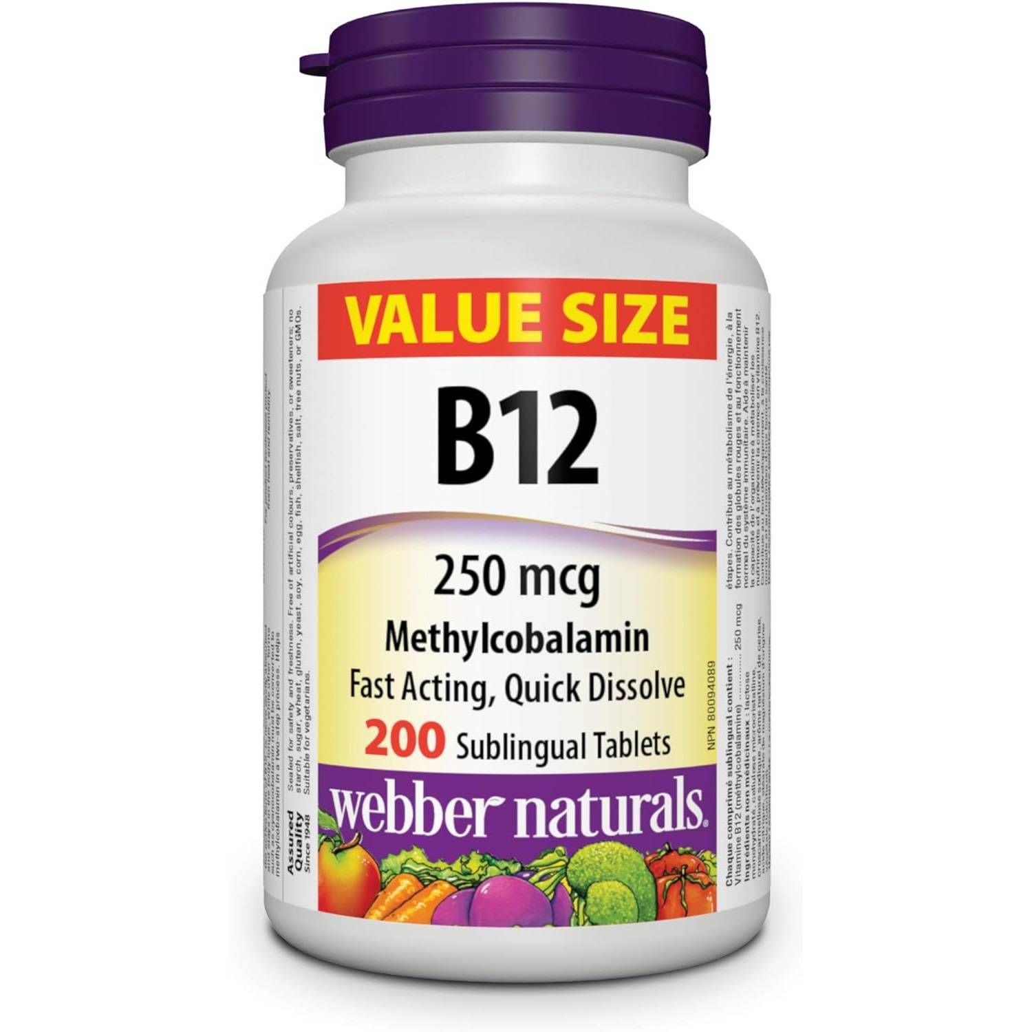 Webber Naturals Vitamin B12 250 mcg 200 Sublingual Tablets / Natural Cherry Flavour