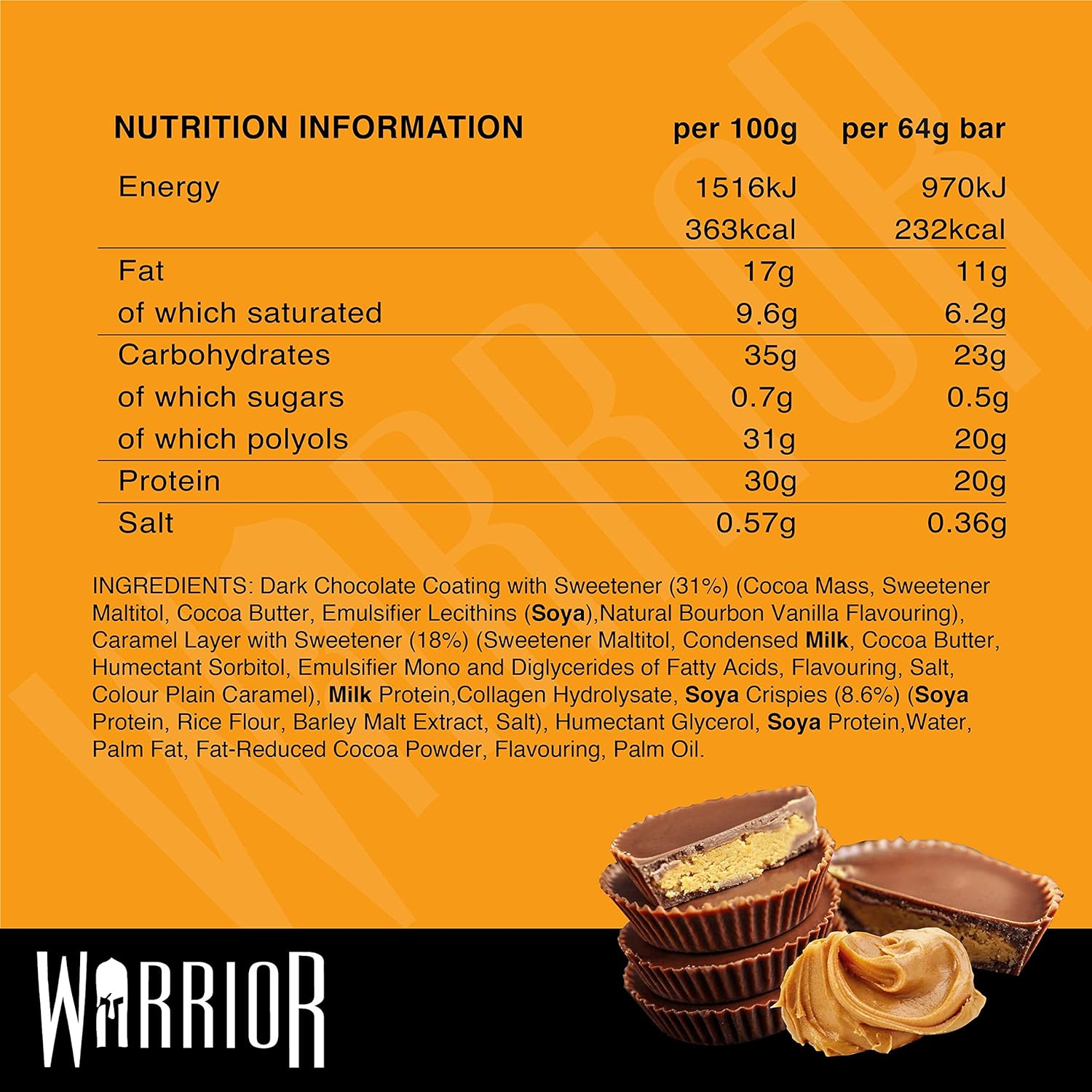 Warrior Crunch Bars, Box of 12, Dark Chocolate Peanut Butter, Nutrition Information