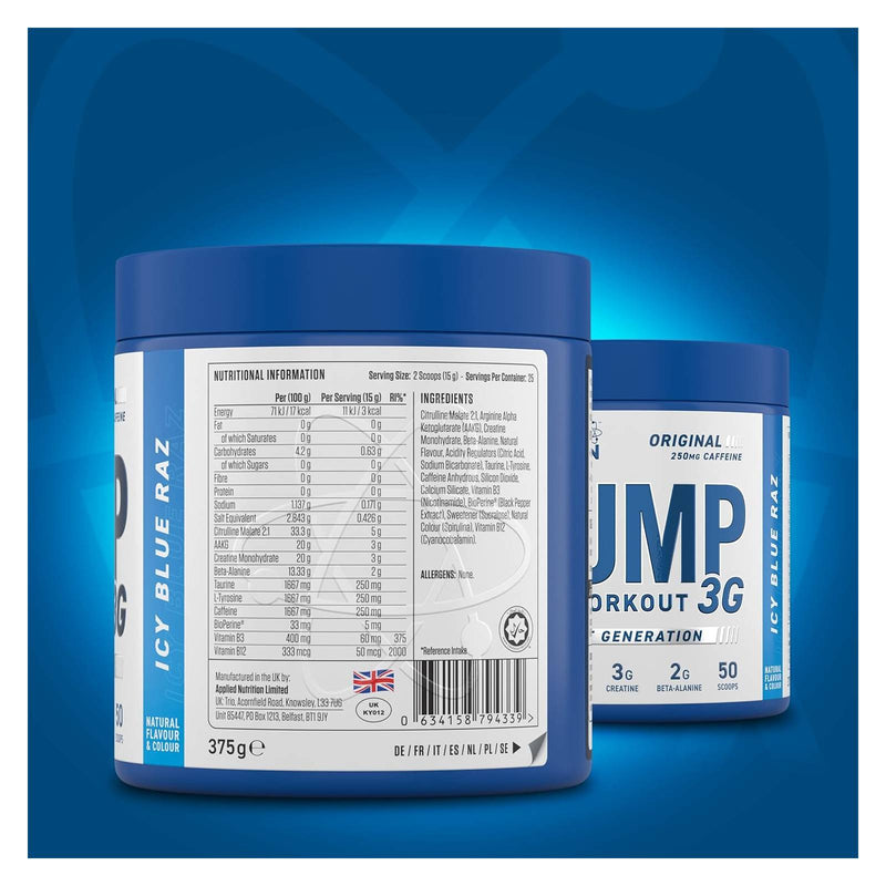 Applied Nutrition Pump 3G Pre-Workout (Caffeine Free) - Icy Blue Raz 25 Servings - Pre-Workout