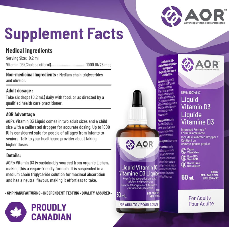 AOR Liquid Vitamin D3 Drops 1000 IU for Adults - 50ml - Vitamin D