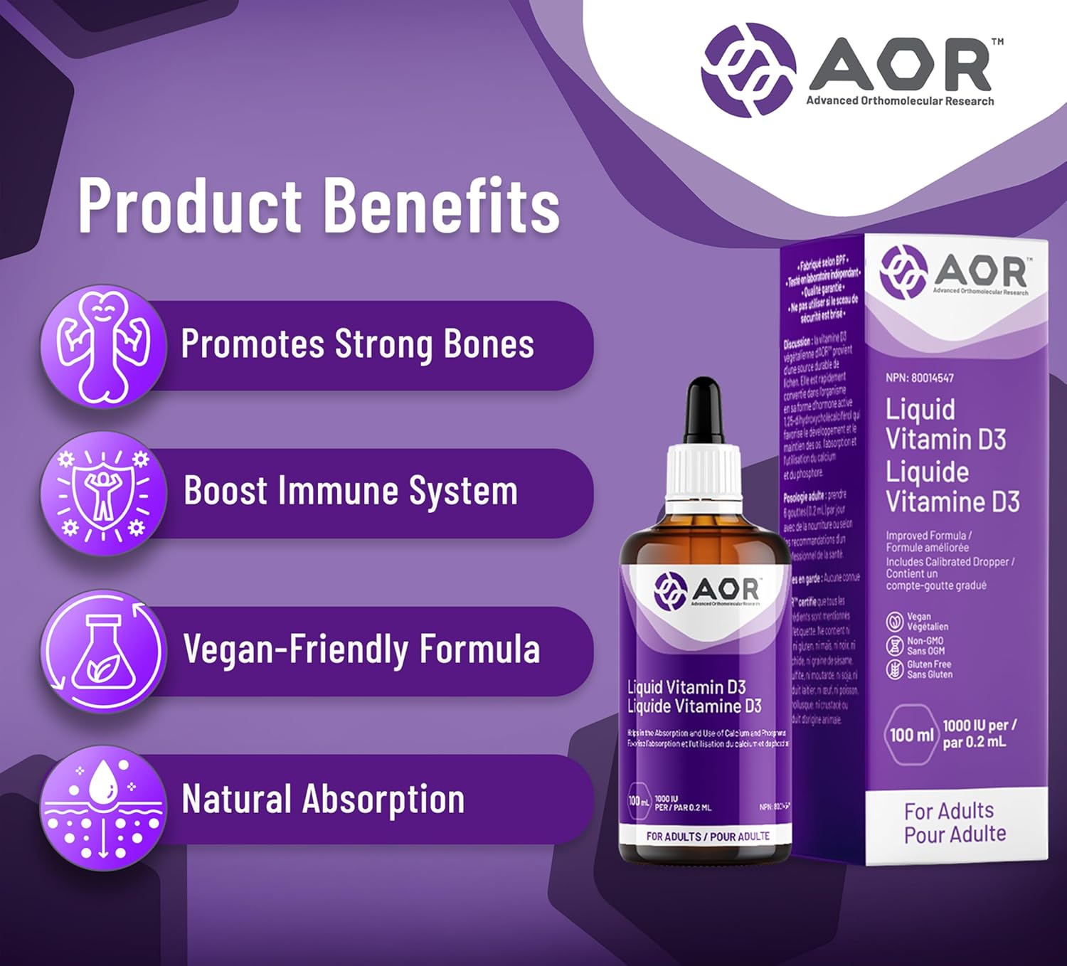 AOR Liquid Vitamin D3 Drops 1000 IU for Adults - 100ml - Vitamin D