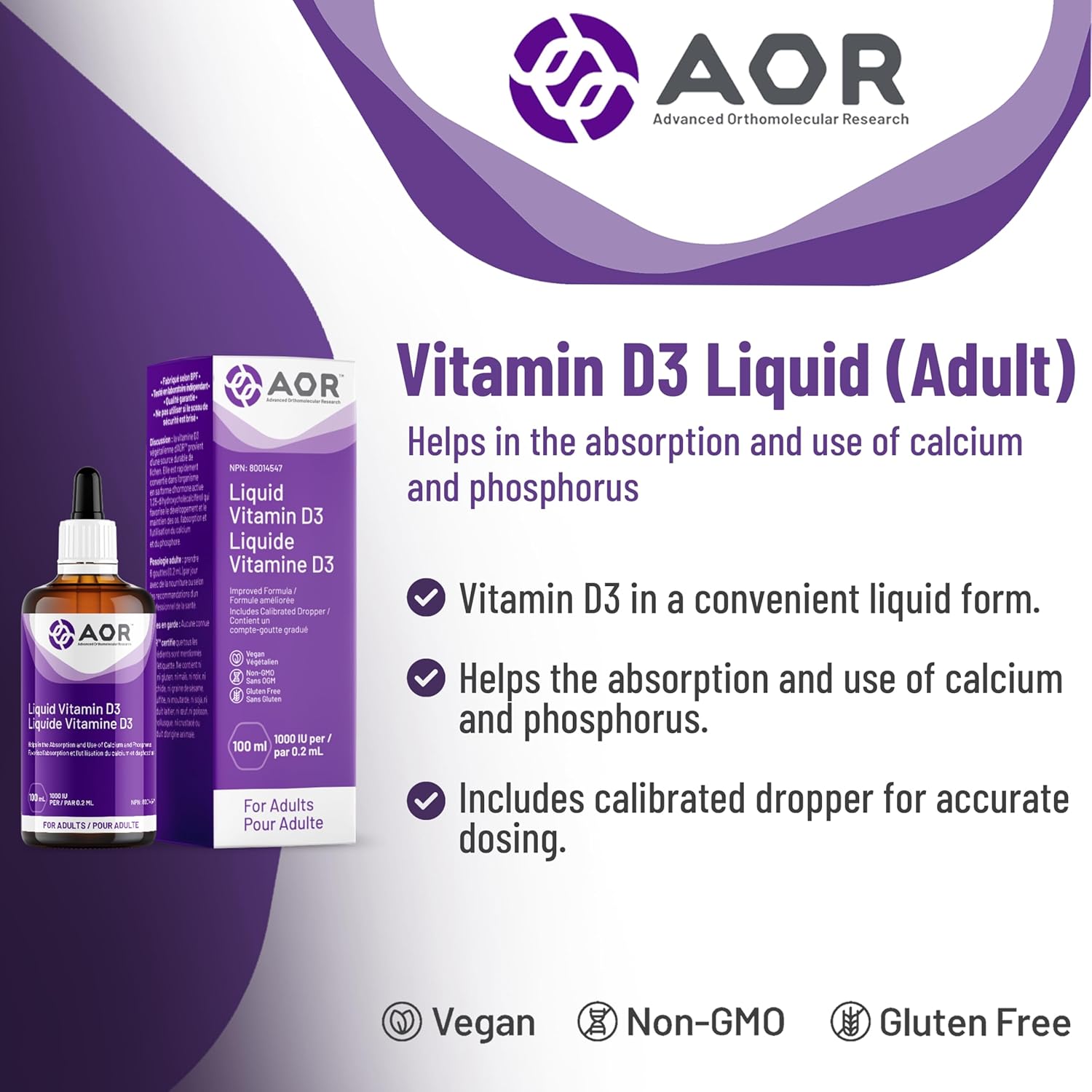 AOR Liquid Vitamin D3 Drops 1000 IU for Adults - 100ml - Vitamin D