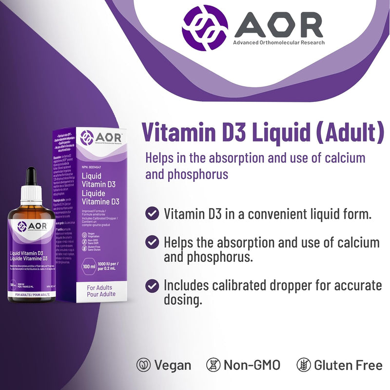 AOR Liquid Vitamin D3 Drops 1000 IU for Adults - 100ml - Vitamin D