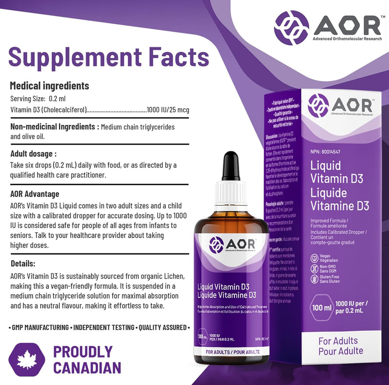 AOR Liquid Vitamin D3 Drops 1000 IU for Adults - 100ml - Vitamin D