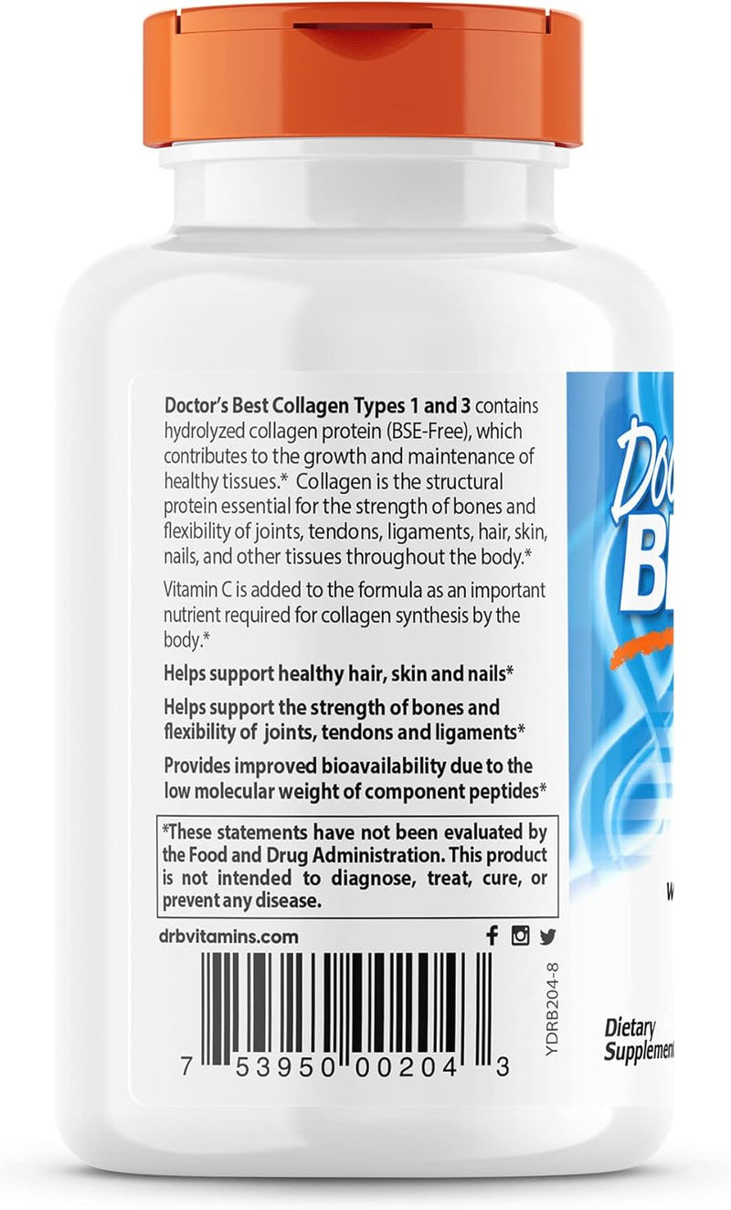 Doctor's Best Collagen Types 1 & 3 1000mg With Peptan & Vitamin C - 180 Tablets - Vitamins