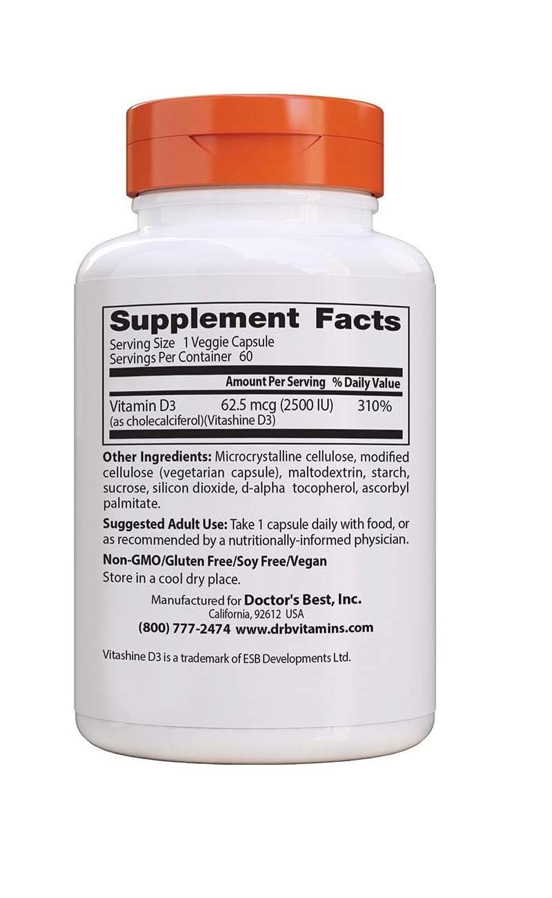 Doctor's Best Vegan D3 With Vitashine D3, 2,500 Iu - 60 vegetarian Capsules - - Vitamin D