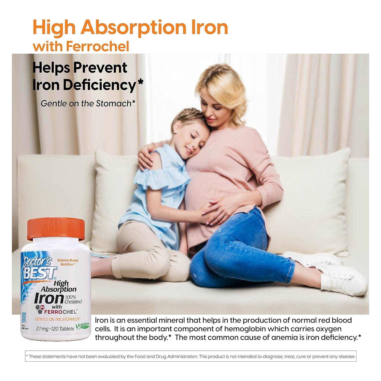 Doctor's Best High Absorption Iron With Ferrochel, 27 Mg 120 Tablets