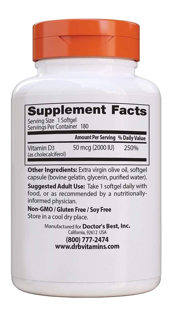 Doctor's Best Vitamin D3, 50 Mcg (2,000 Iu) 180 Softgels