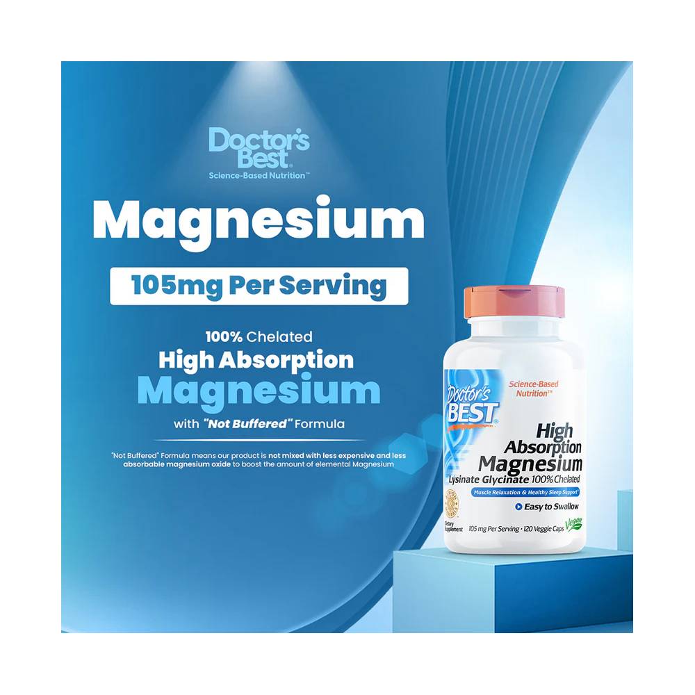 Doctor's Best High Absorption Magnesium, Lysinate Glycinate 100% Chelated 52.5 Mg 120 vegetarian Capsules