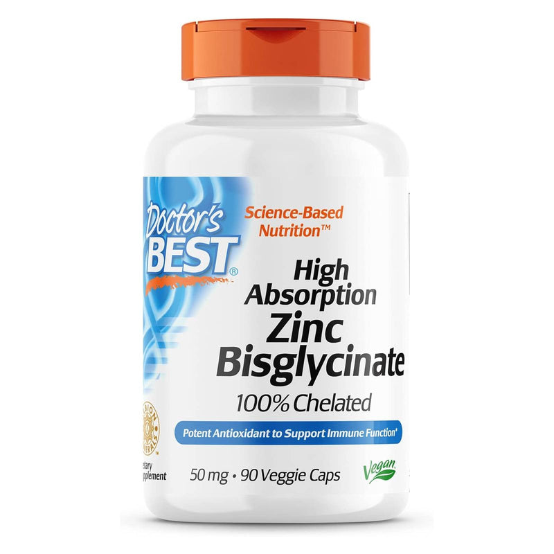 Doctor's Best High Absorption Zinc Bisglycinate, 100% Chelated, 50 Mg 90 vegetarian Capsules