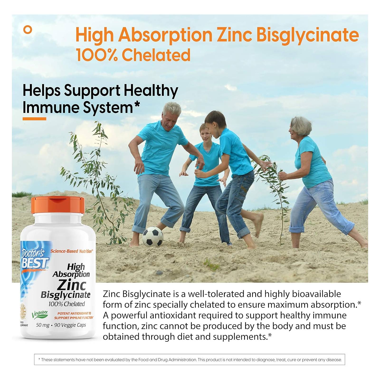 Doctor's Best High Absorption Zinc Bisglycinate, 100% Chelated, 50 Mg 90 vegetarian Capsules