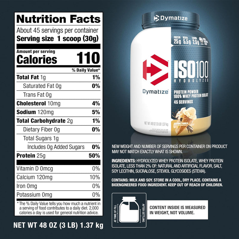 Dymatize ISO100 Hydrolyzed Whey Protein Isolate - Vanilla 3lbs - Protein Powder