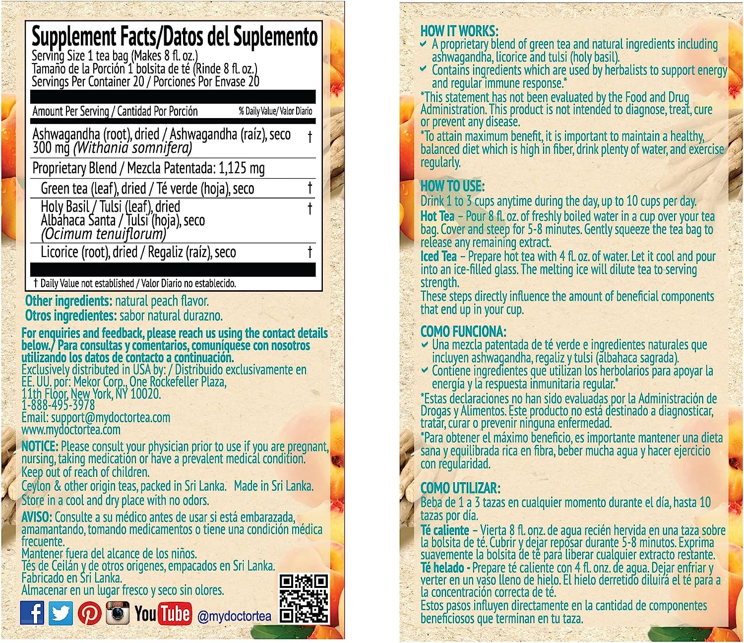 Dr. Tea Ashwagandha With Peach Flavor - Peach 1.5G x 20 - Tea