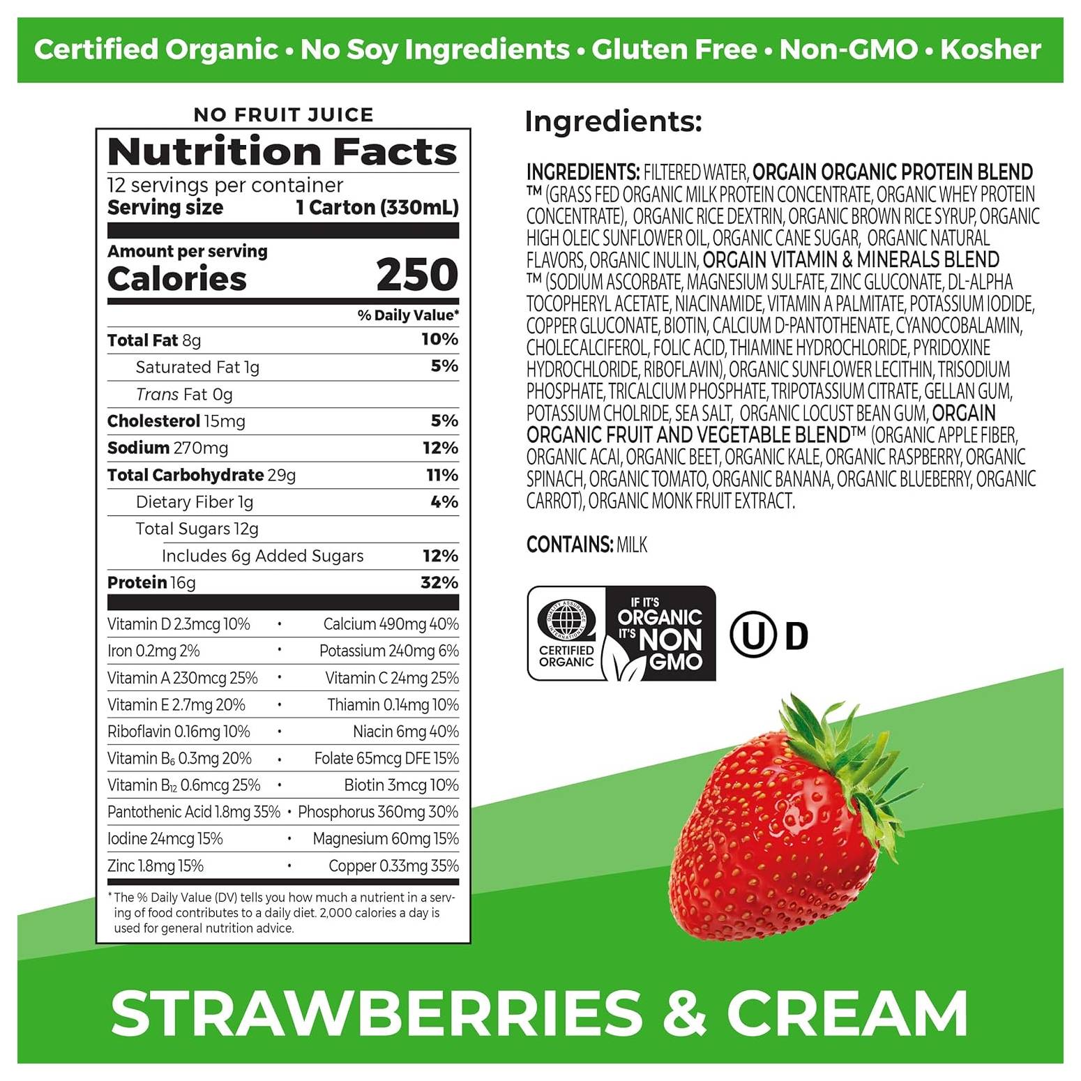 Orgain Organic Grassfed Protein Shake Strawberries & Cream / Pack of 12 / -