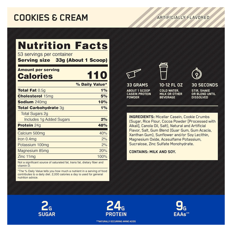 Optimum Nutrition Gold Standard 100% Casein Cookies N Cream / 4lbs / -