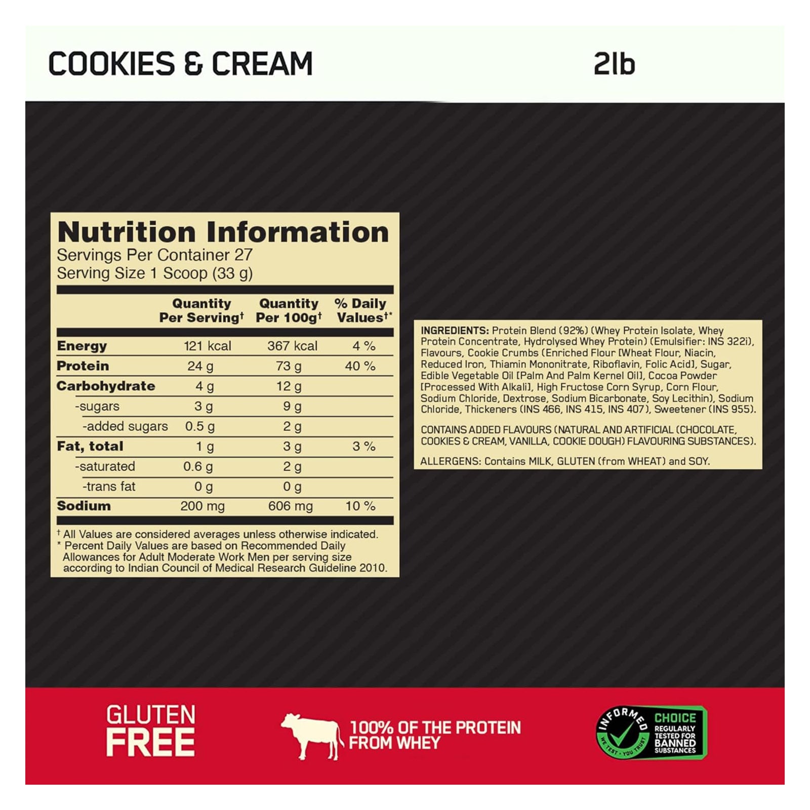 Optimum Nutrition Gold Standard 100% Whey Protein Cookies N Cream / 2lbs