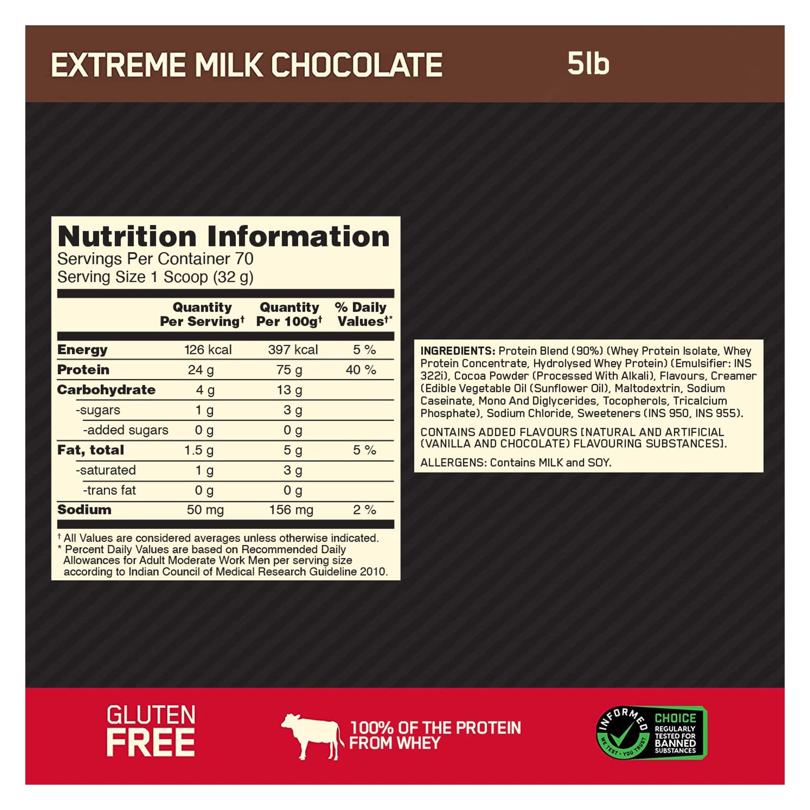 Optimum Nutrition Gold Standard 100% Whey Protein Extreme Milk Chocolate / 5lbs