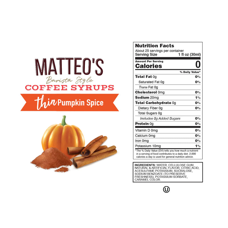 Matteo's Coffee Syrup Sugar Free Pumpkin Spice / 750ml