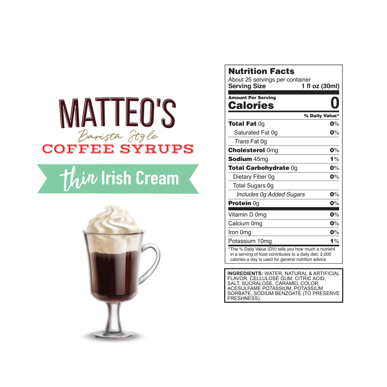 Matteo's Coffee Syrup Sugar Free Irish Cream / 750ml