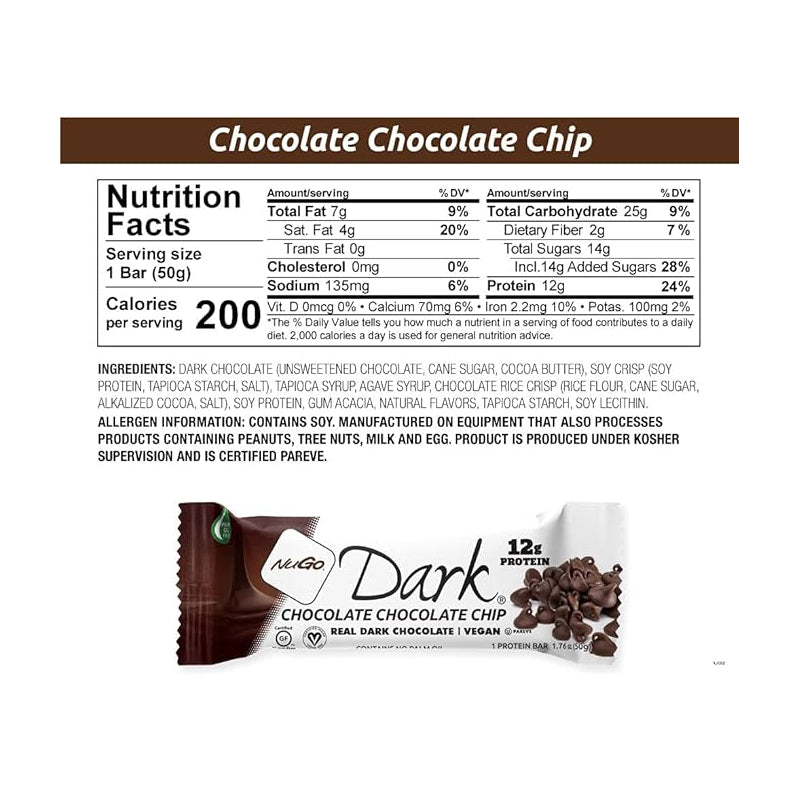 NuGo Nutrition Dark Chocolate Bar Chocolate Chip / 12 pack x 50g