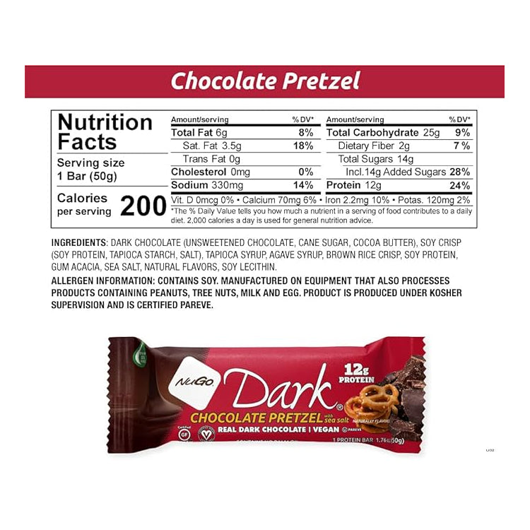 NuGo Nutrition Dark Chocolate Bar Chocolate Pretzel / 12 pack x 50g