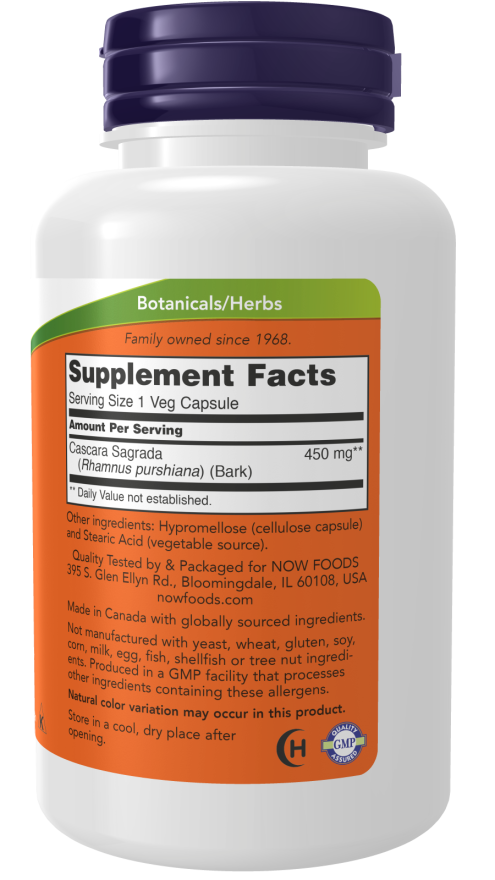 NOW Cascara Sagrada 450mg - 100 vegetarian capsules - Herbals