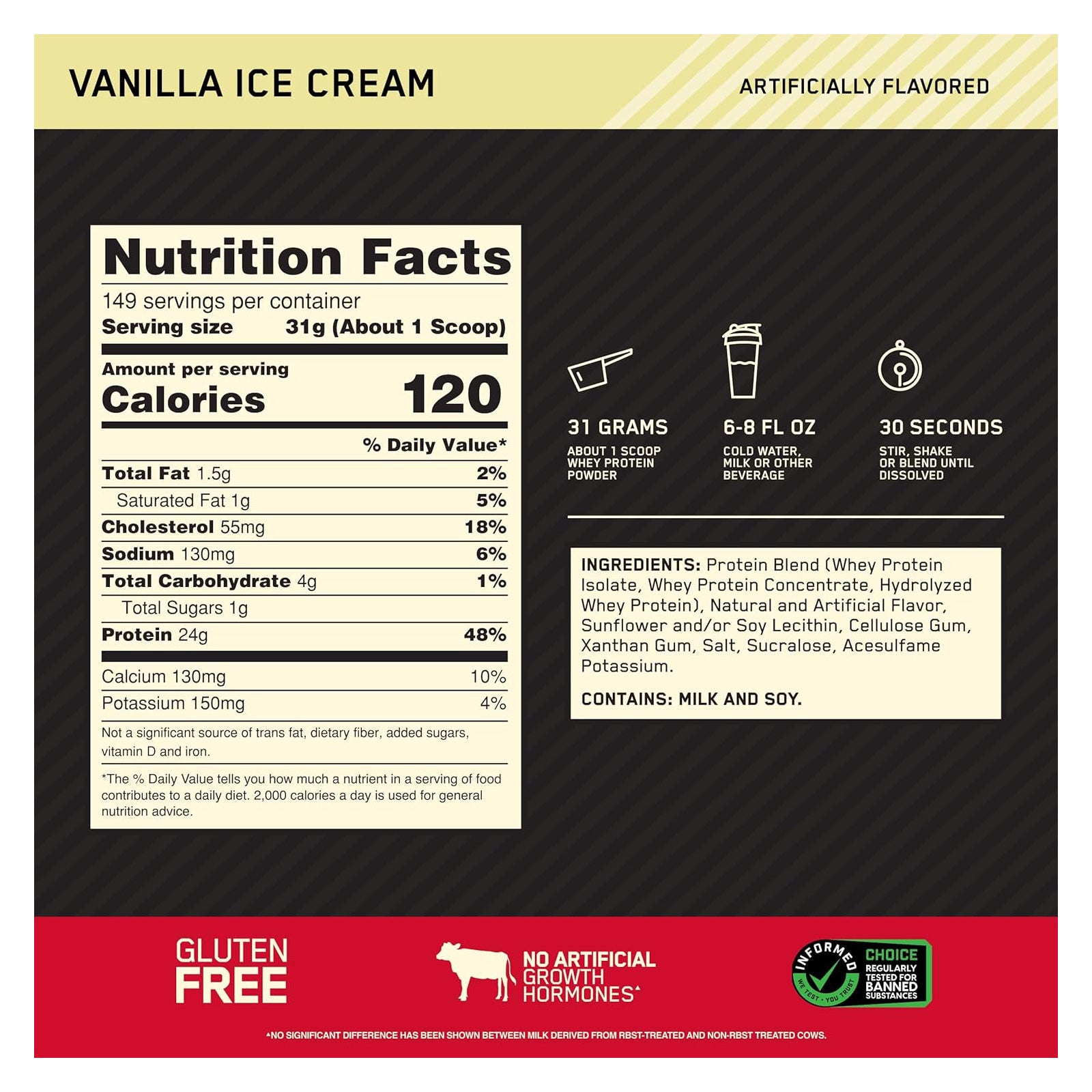 Optimum Nutrition Gold Standard 100% Whey Protein Vanilla Ice Cream / 10lbs