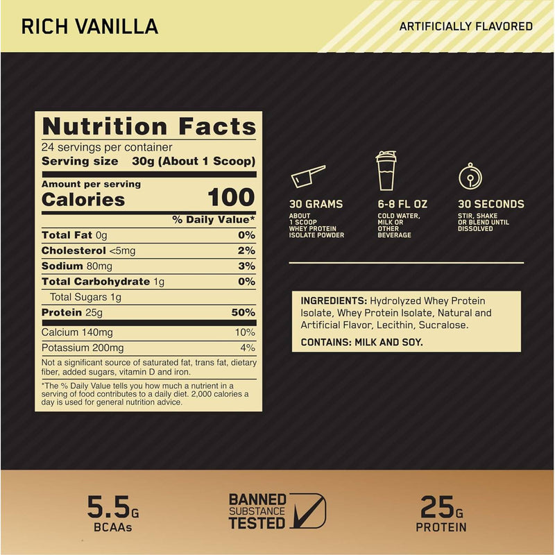 Optimum Nutrition Gold Standard 100% Isolate Whey Protein Rich Vanilla / 1.58lbs