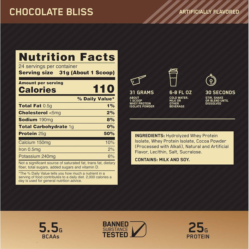 Optimum Nutrition Gold Standard 100% Isolate Whey Protein Chocolate Bliss / 1.64lbs